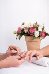 Obraz na płótnie Canvas client and manicurist in manicure salon