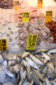 Verschiedene Fischsorten in einem Gesch&auml;ft in Chinatown, New York City
