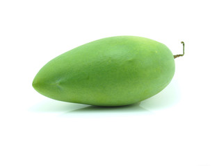 raw mango with stem on white