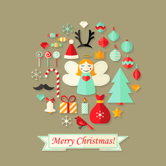 Merry Christmas Card with Flat Icons Set