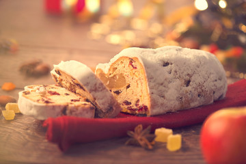 Christmas Stollen. Traditional Sweet Fruit Loaf with Icing Sugar