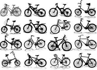 Vector set of 16 silhouettes of bicycles