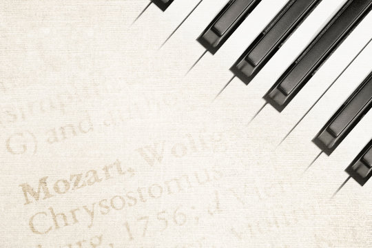 Vintage Mozart Text And Piano Keys Background