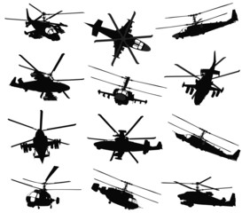 Fototapeta na wymiar Military helicopter silhouettes set. Vector