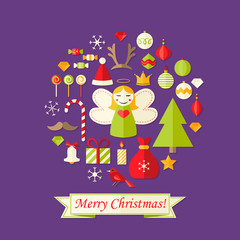 Purple Christmas Card with Flat Icons Set and Angel
