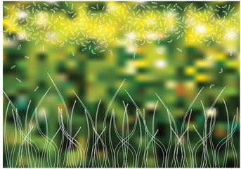 spring vector background with grass silhouettes on blurry backgr