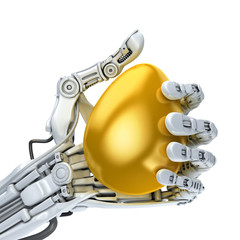 Robot hand holding a golden Easter egg. Conceptual illustration