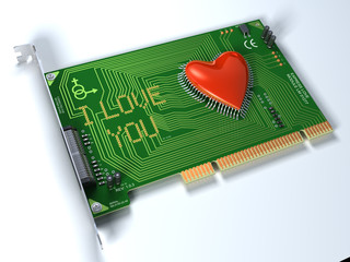 Fantasy PCI board for love. Conceptual 3d illustration