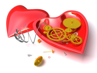 Broken mechanical heart  or clock. Conceptual 3d illustration