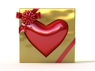 Red heart in golden gift box with ribbon and bow.