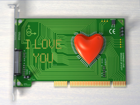 Fantasy PCI board for love. Conceptual 3d illustration