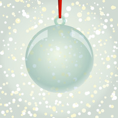 Christmas NewYear ball with ribbon hanging on snowflakes backgro