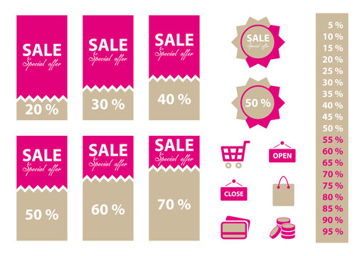 Sale labels set with shopping icons. Pink color.