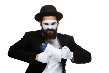 mime as business man with a megaphone