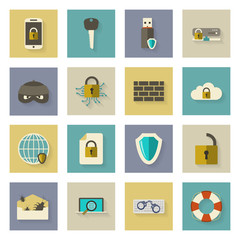 Cyber defense flat icons set with shadows