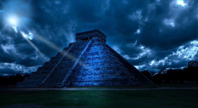 Mexico. Chichen Ittsa.Kukulkan's pyramid in a mystical moonlight