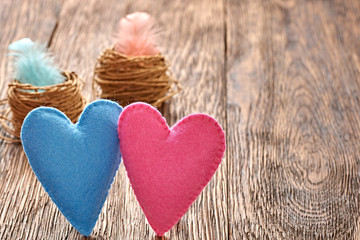 Valentines Day. Handmade Hearts Couple on wood. Love concept.