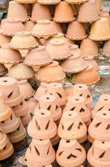 Clay flower pots at garden shop