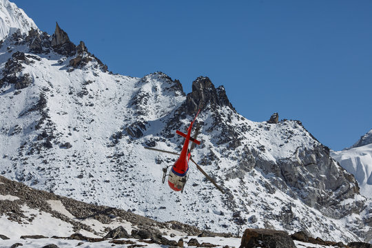Lifeguard helicopter on Everest base camp in Nepal