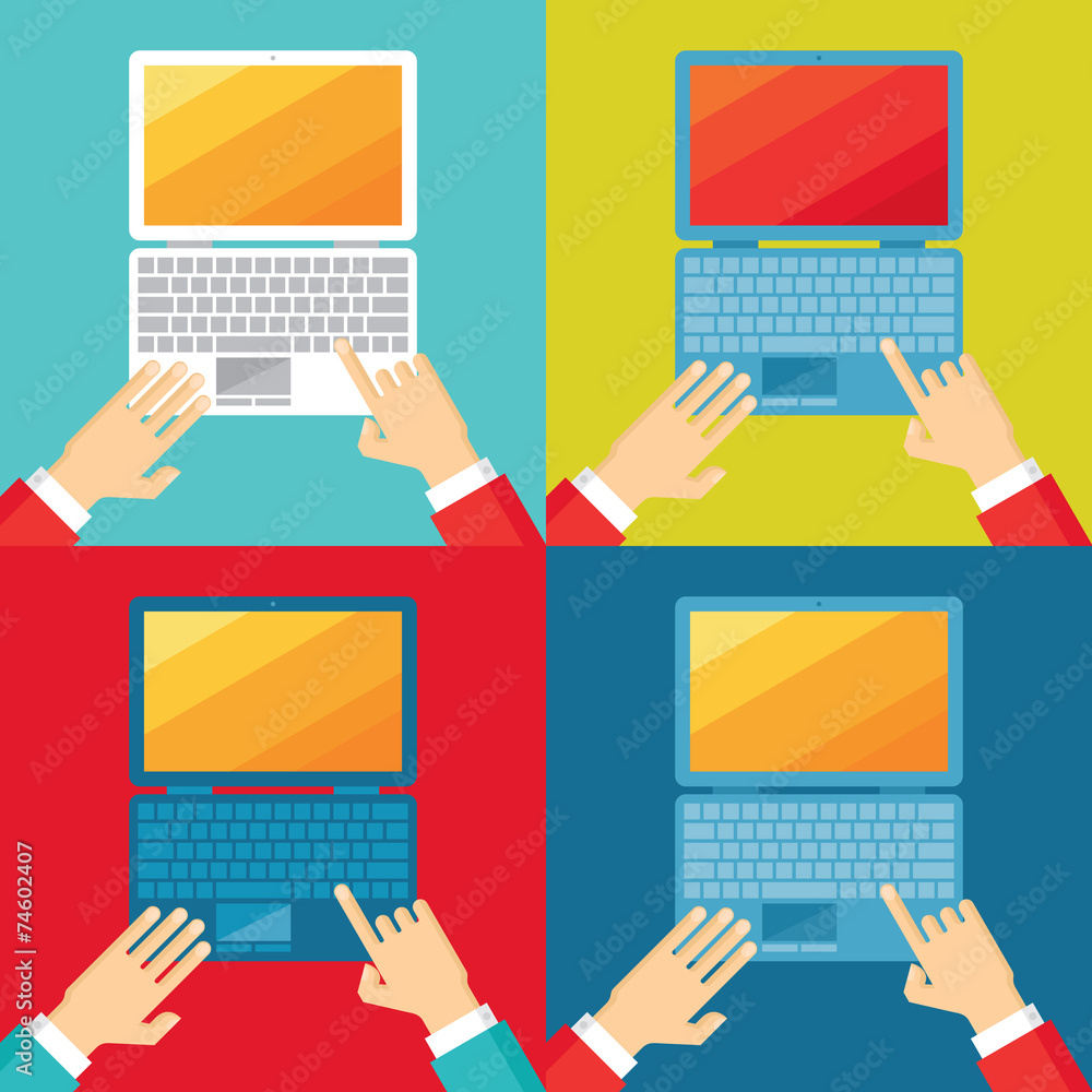 Poster human hands and computer notebook in flat design style