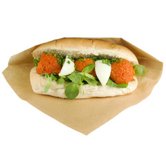 Luxury sandwich steak tartare with egg.