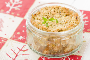 Stuffing - Sage and onion stuffing in a glass ramekin.