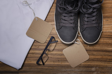Cloth objects collection on wooden background