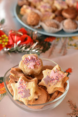 Christmas cookies stars decorated  on the blue  plate