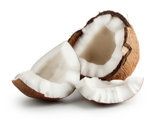 Broken raw ripe coconut