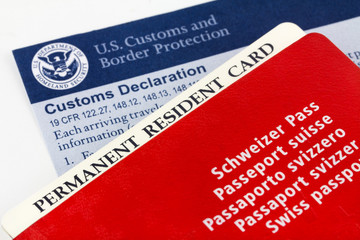 Swiss passport, resident card and customs form