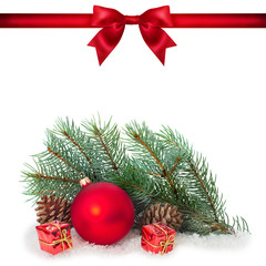 Red ribbon bow end bauble on white background. Christmas tree.