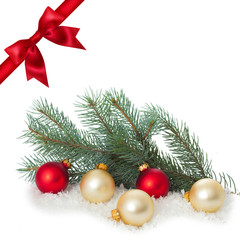 Obraz na płótnie Canvas Red ribbon bow end bauble on white background. Christmas tree.