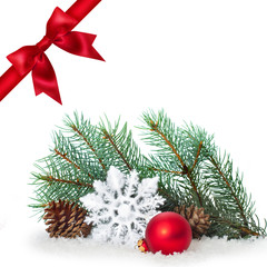 Fototapeta na wymiar Red ribbon bow end bauble on white background. Christmas tree.