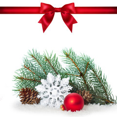 Red ribbon bow end bauble on white background. Christmas tree.