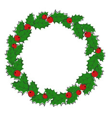 Flat Christmas wreath with holly sprigs isolated on white backgr