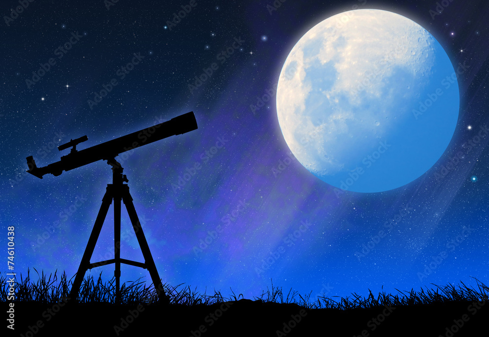 Wall mural Silhouette of the telescope and the full moon