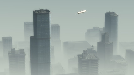 Aerial of airship flying over skyscraper city in the mist.