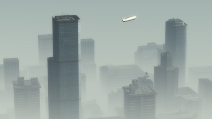Obraz premium Aerial of airship flying over skyscraper city in the mist.