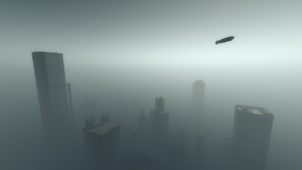 Aerial of zeppelin flying over skyscraper city in the mist. © ysbrandcosijn