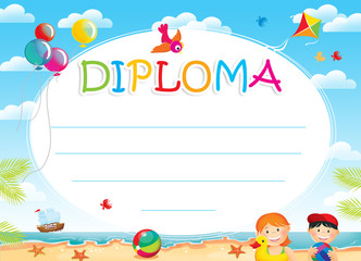 Diploma for children with kids, summertime - obrazy, fototapety, plakaty