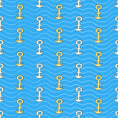 Seamless pattern with colorful anchors on blue ocean background