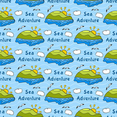 Summer seamless pattern with bright images of island, sea