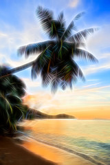 Fototapeta na wymiar Palm on a tropical beach at sunset. Afterglow fantasy effect.