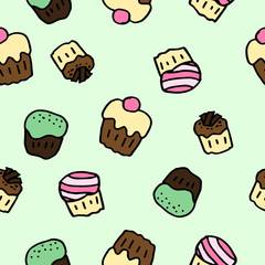 Hand-drawn seamless pattern of cups of coffee and cupcakes