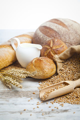 full corn bread, honey and milk