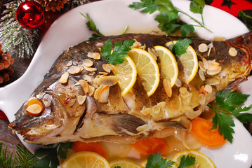 roasted carp stuffed with vegetables for christmas