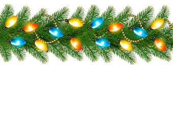 Christmas background with colorful garland and fir branches Vect