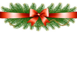 Background with christmas tree branches and a red ribbon. Vector
