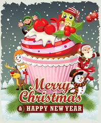 Vintage Christmas poster design with Santa Claus, cupcake,