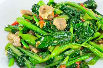 kale vegetable fried with oil with pork